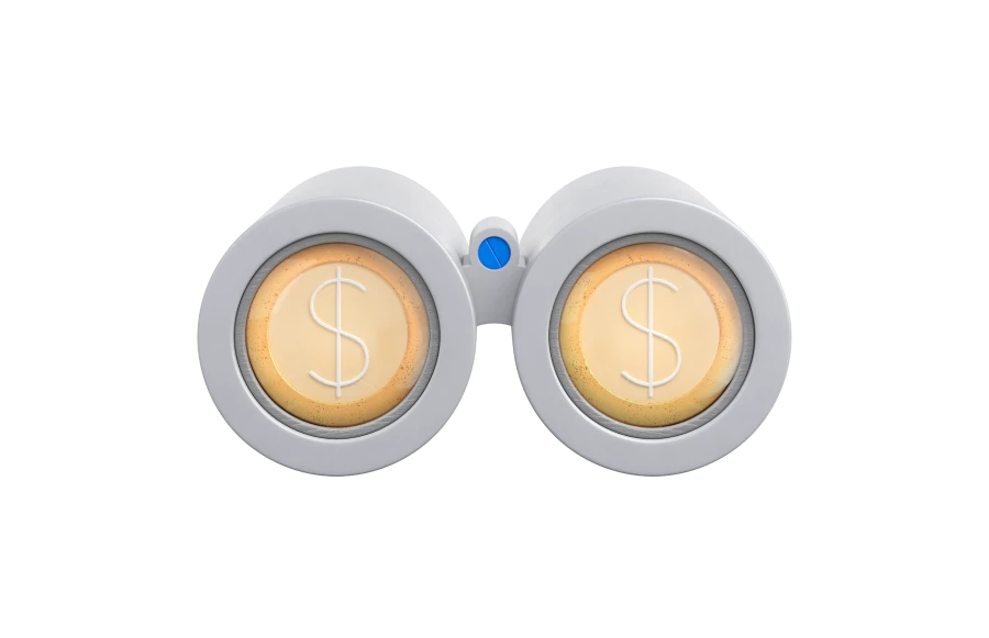 An illustration of binoculars with dollar signs projected onto the lenses