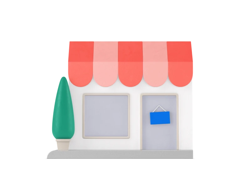 An illustration of a small white storefront with a red and pink striped awning.
It has a square window on the left, a door with a blue hanging sign on the right,
and a green cypress-style tree on the left side. The building sits on a light gray base